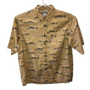Columbia Mens XL Yellow Fish Print Short Sleeve Button Down River Lodge Shirt